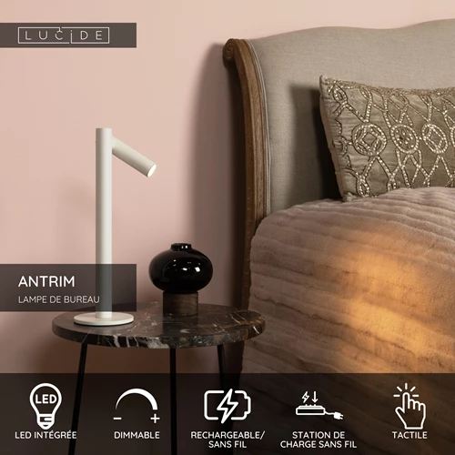Lucide ANTRIM - Lampe de bureau Rechargeable Intérieur/Extérieur - Batterie/Piles - LED Dim. - 1x2,2W 2700K - IP54 - Avec station de charge sans fil - Blanc - USP